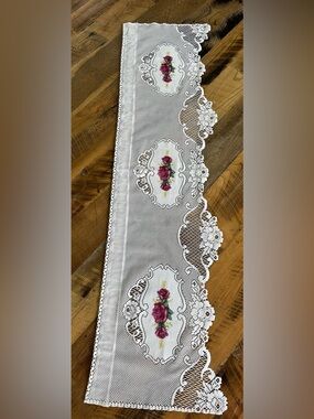 Heritage Ecru Lace Vintage Rose Swag Valance White 59.5” X 16” Cross Stitch